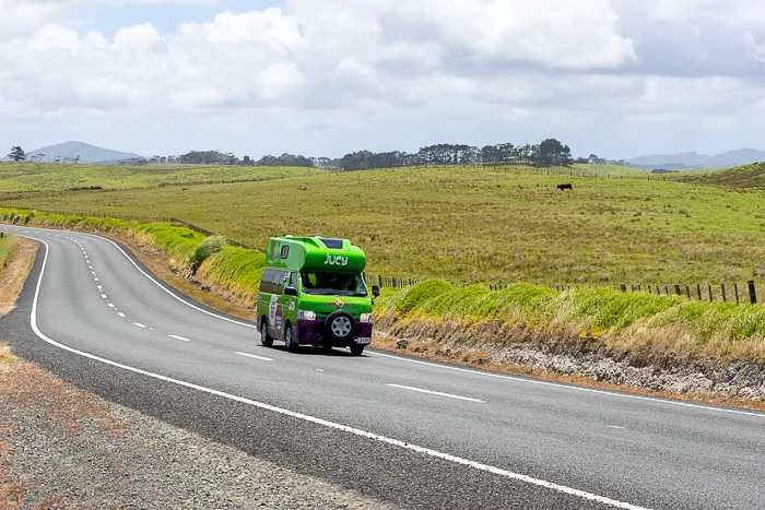 New Zealand campervan comparison - Jucy campervan driving through Northland, on the North Island