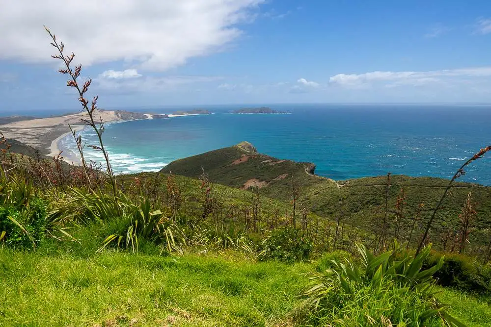 The view from Cape Reinga Lighthouse of coast and beaches below